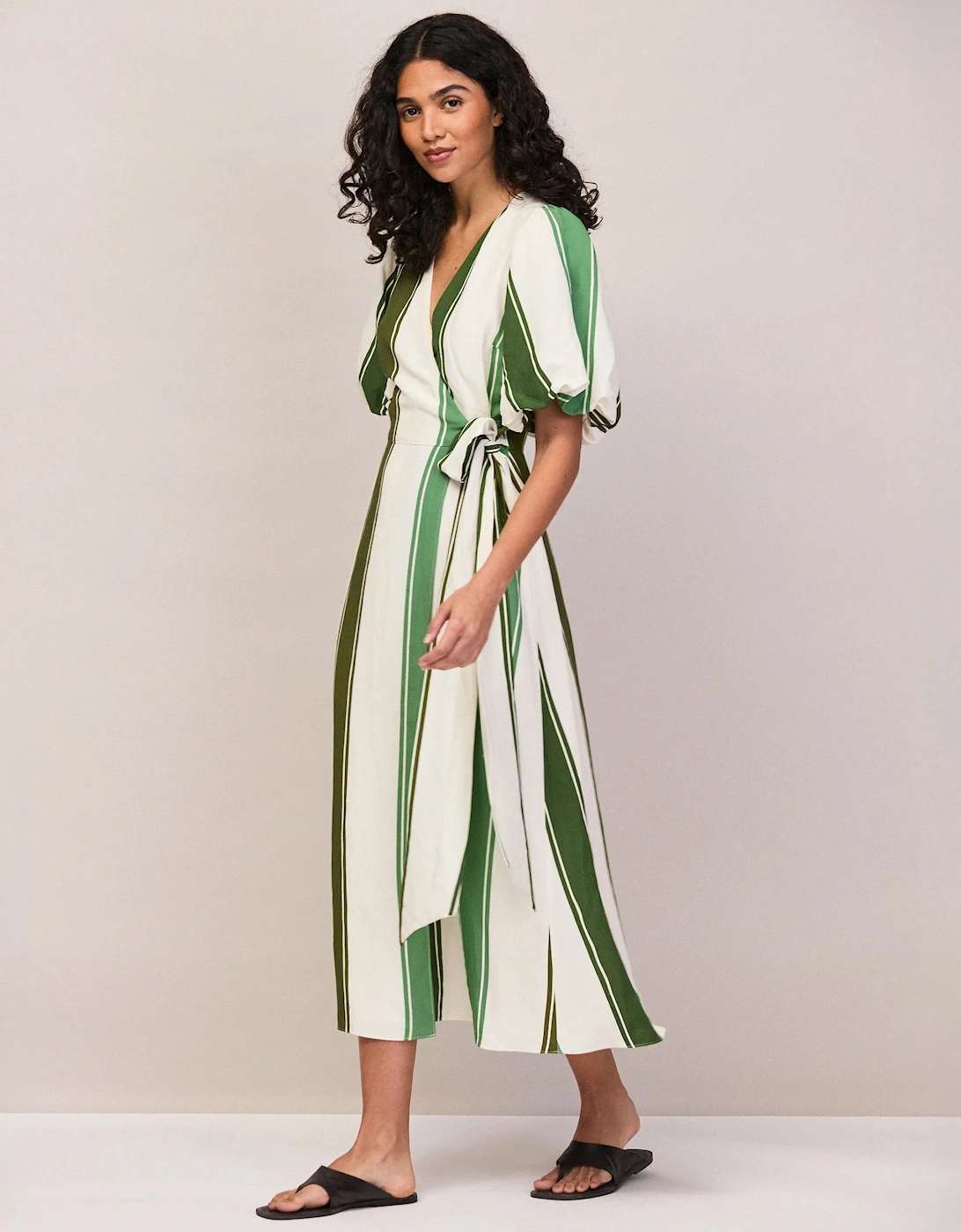 RO&ZO Women's Petite Green Stripe Linen Blend Wrap Dre