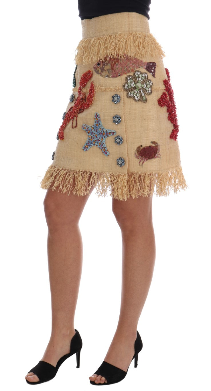 Crystal-Embellished Palm Fiber Skirt — Beige