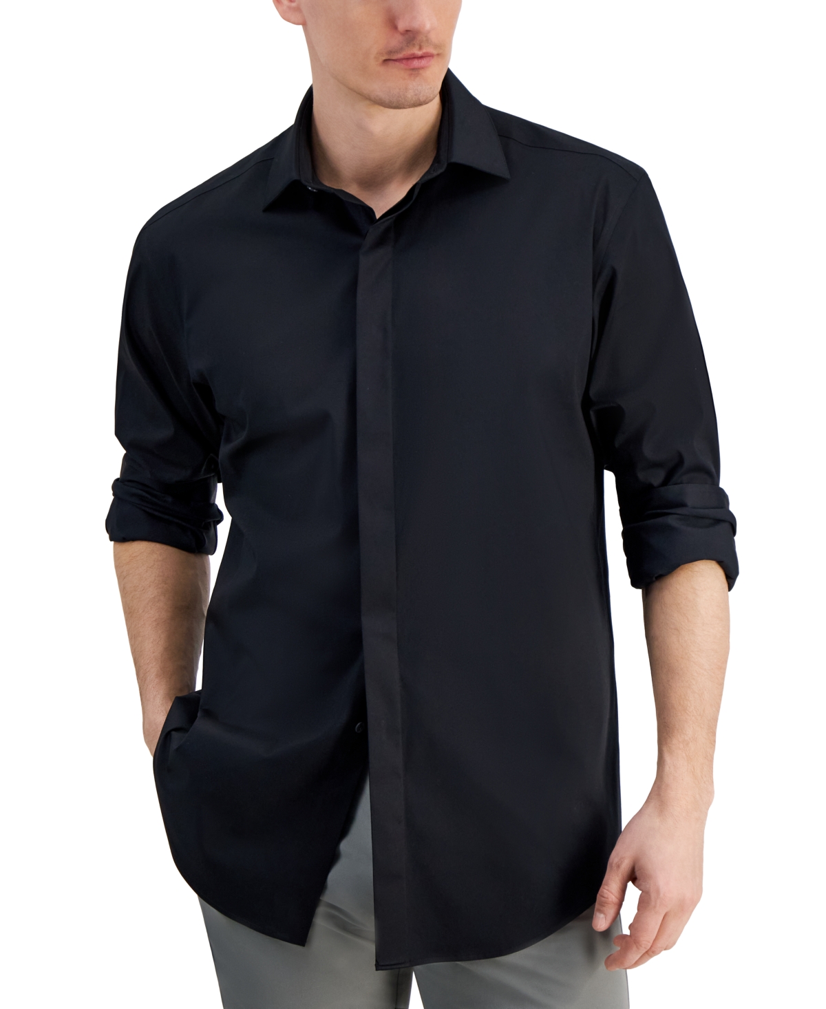 Men's Regular Fit Covered Placket Tuxedo Shirt, Created for Macy's - Deep Black