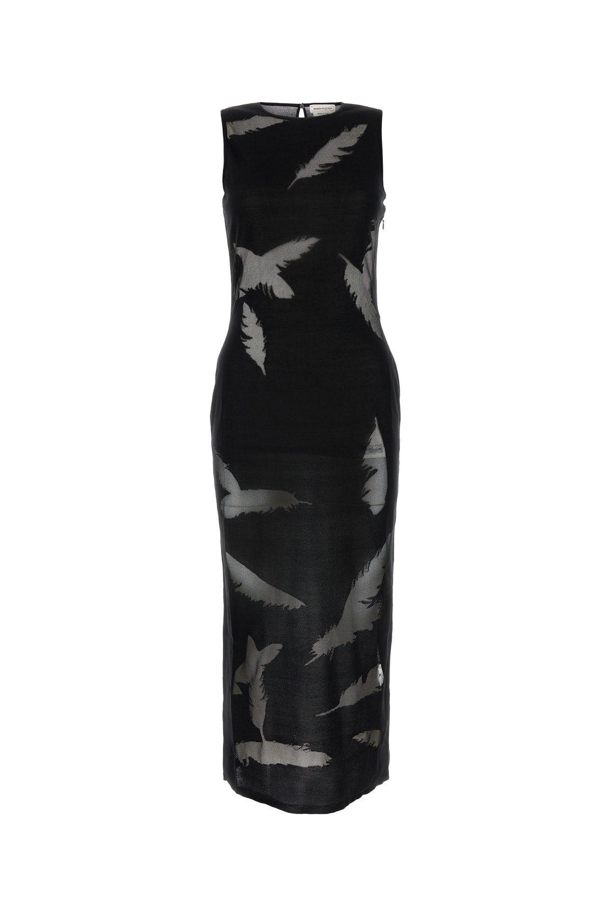 Feather-Print Silk Dress — Black