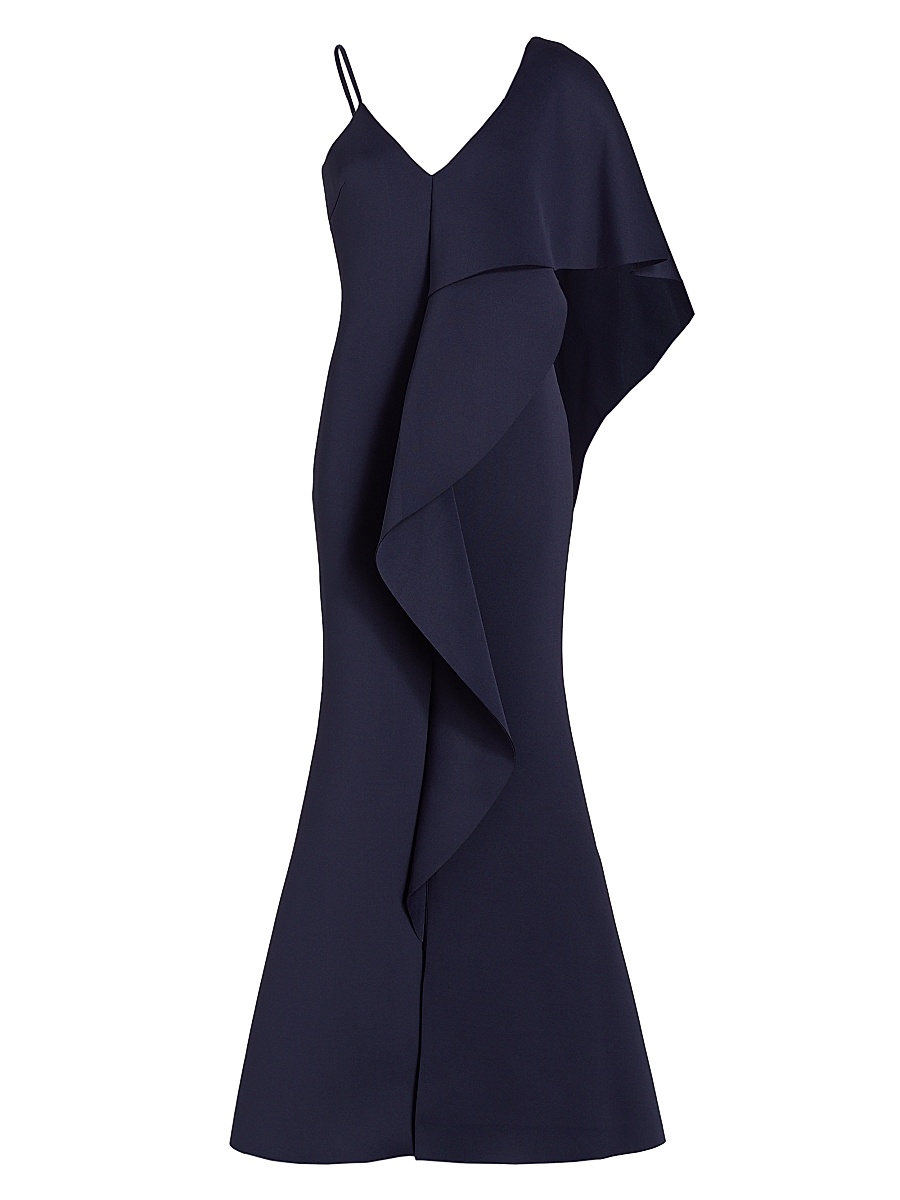 Women's Asymmetrical Neoprene Ruffle Gown - Navy