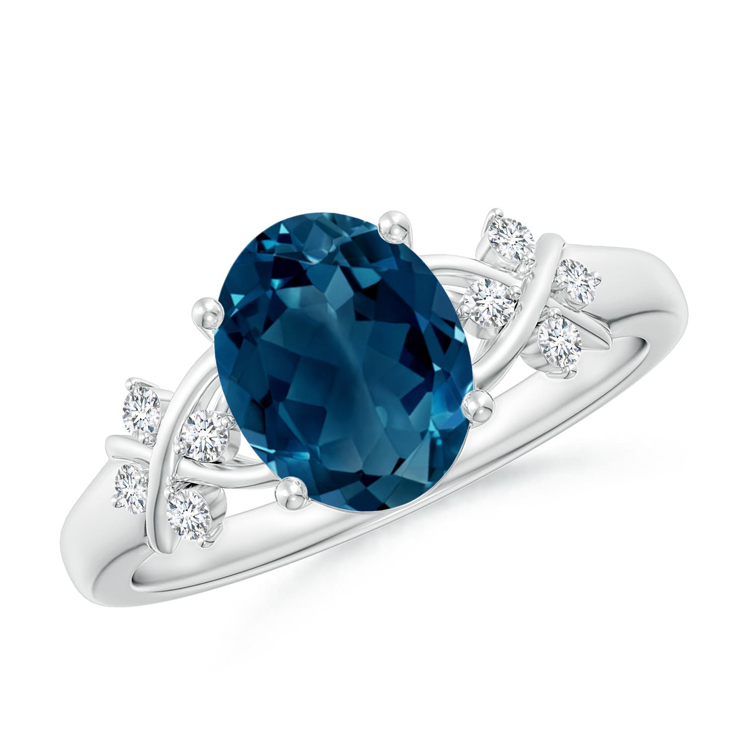 Angara 2.25 Carats Oval London Blue Topaz Criss Cross Ring with Diamonds in Platinum