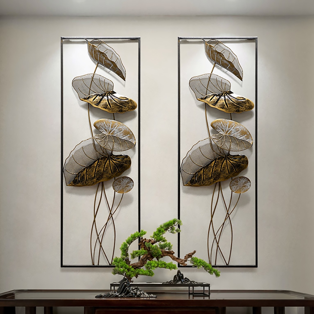 910mm 2 Pieces Metal Lotus Leaves Wall Decor Set for Living Room with Black Frame