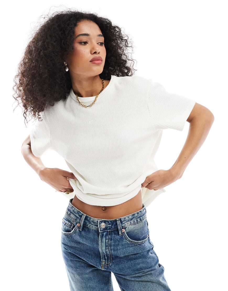 Chill waffle knit oversized t-shirt in cream-White
