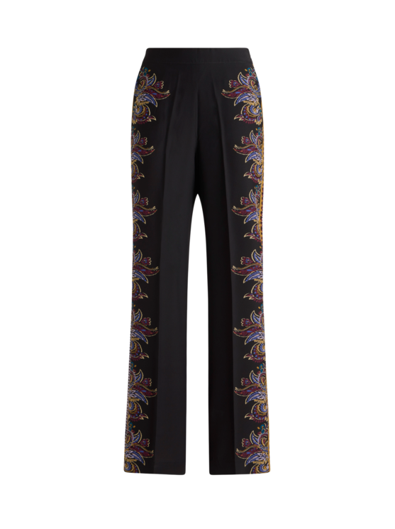Silk Palazzo Trousers With Placed Paisley Foliage Print