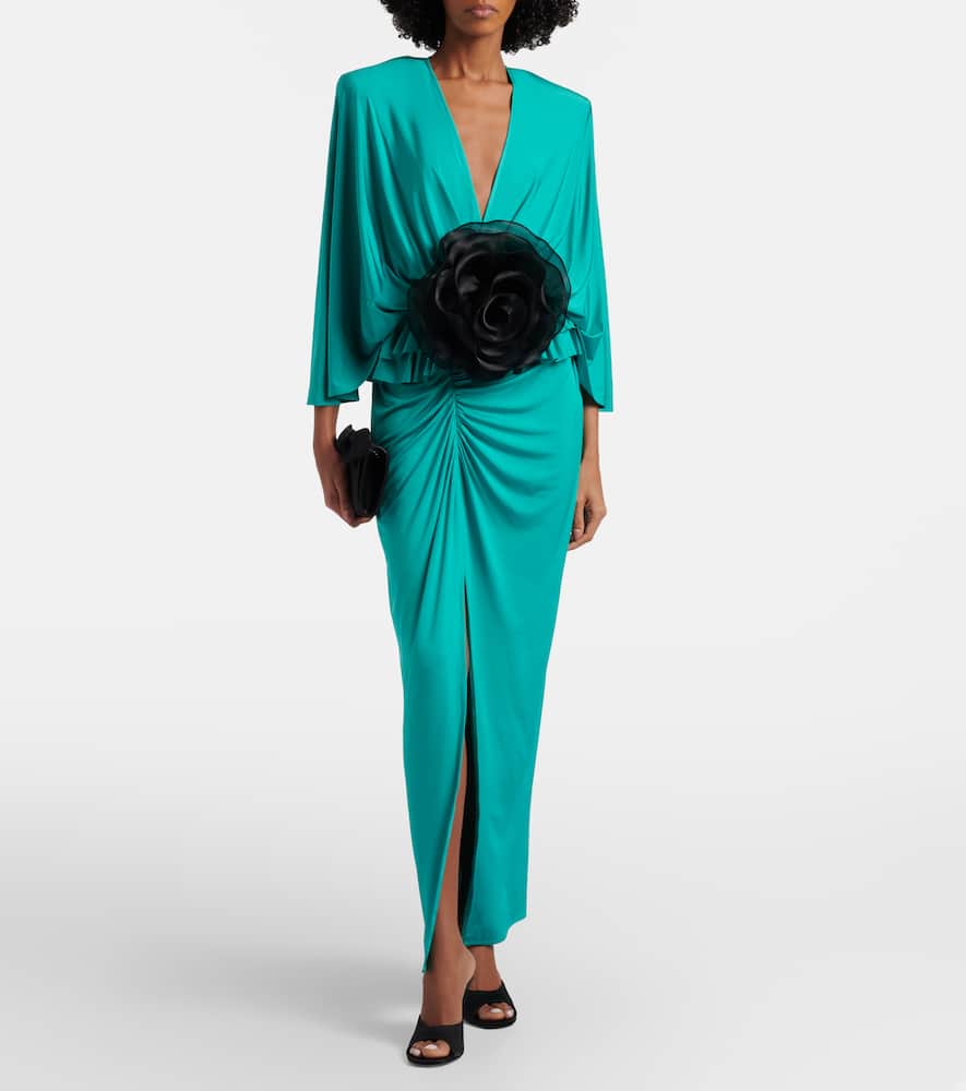 Floral-appliqué jersey maxi dress