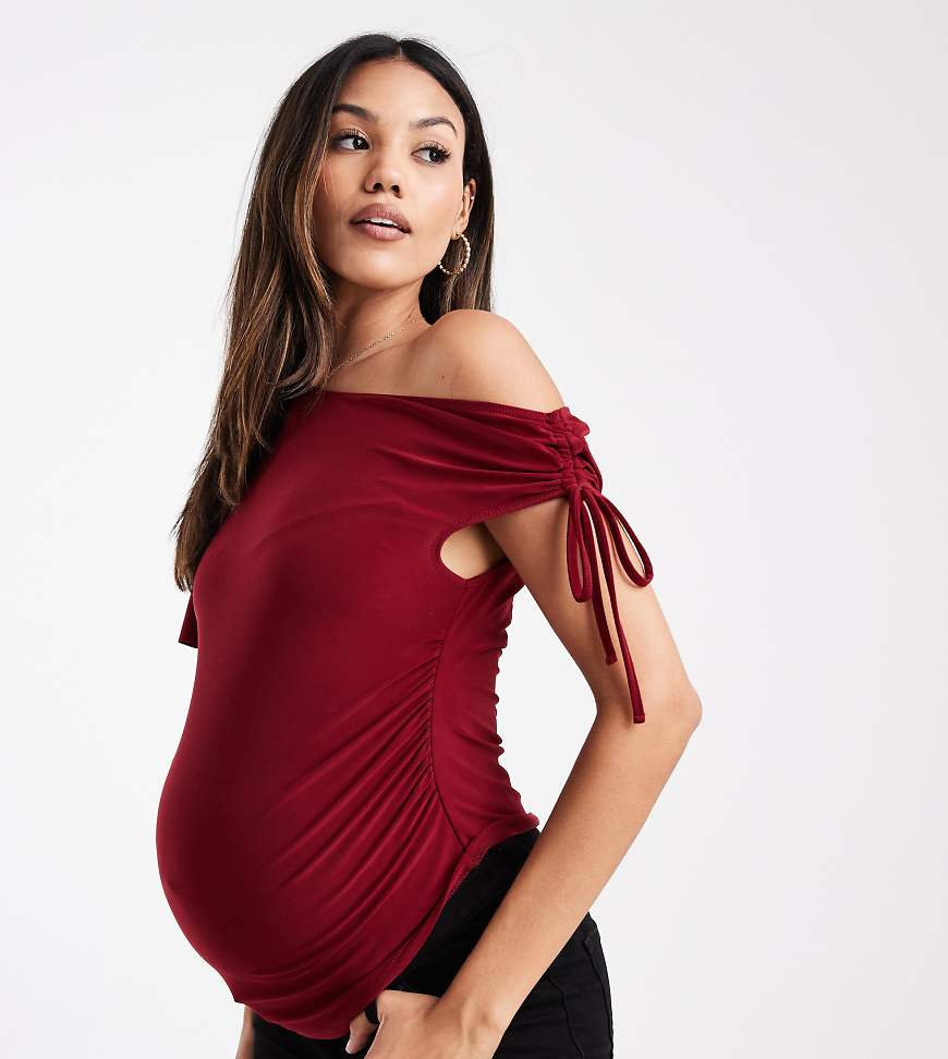 ASOS DESIGN Maternity asymmetric shoulder ruched slinky top in burgundy-Purple