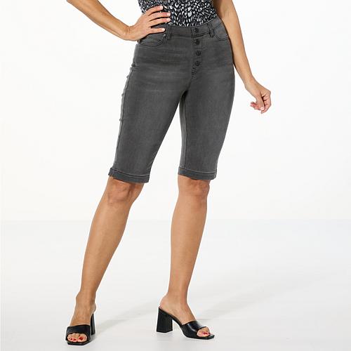 New Classic Denim Stretch Faux Button Fly Bermuda Shorts - Blue