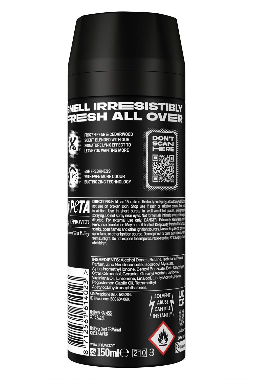 Lynx Black Body Spray Deodorant 48Hrs Hd Fragrance 150Ml, 18 Pack