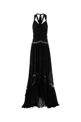 Ruched Georgette with Lace Detail Dress — Black