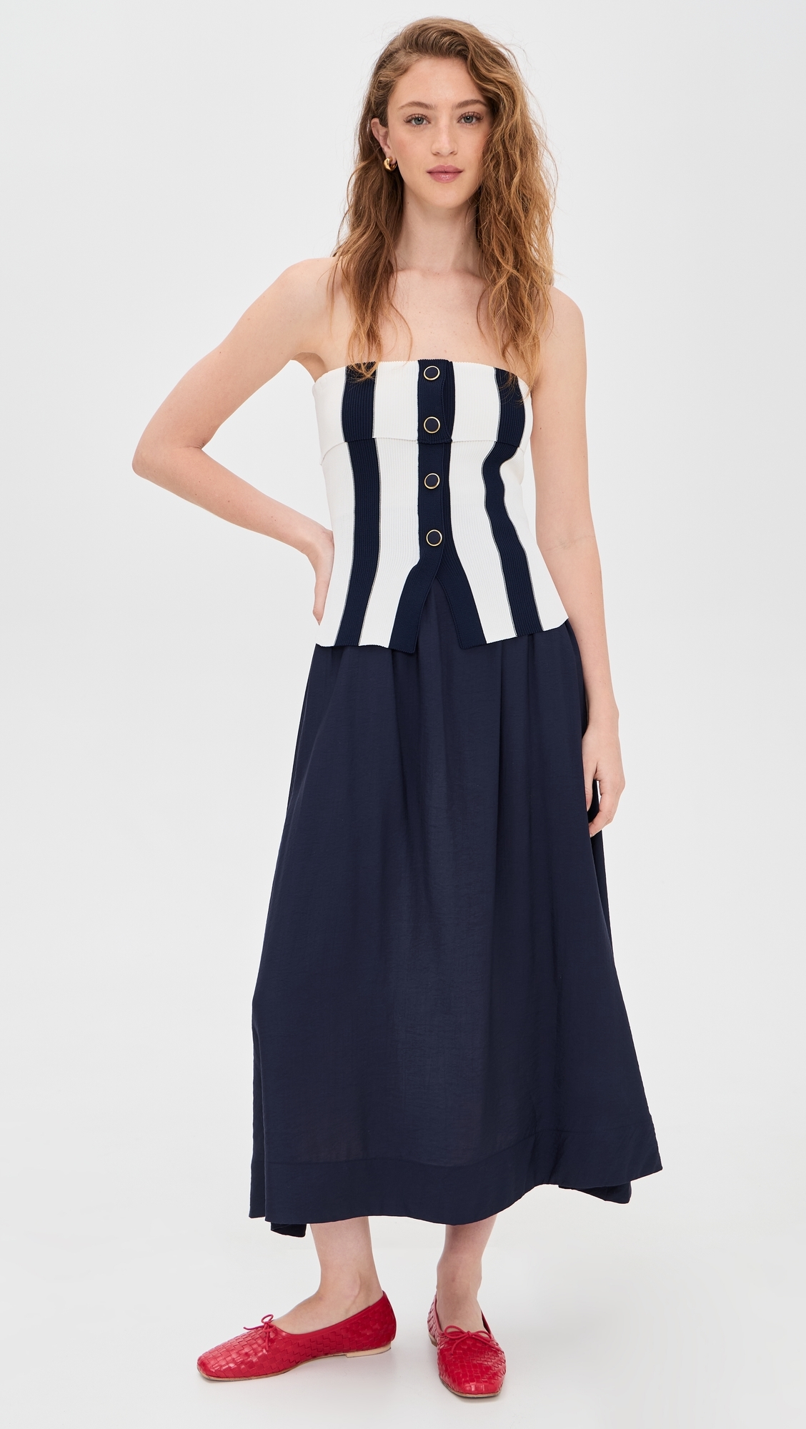 Tube Top Striped Detail Midi Dress Navy/Ivory