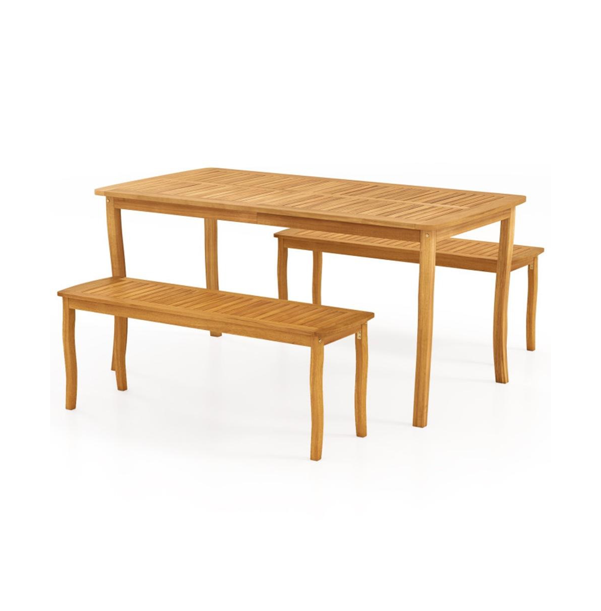 Outdoor 3-Piece Dining Set with Acacia Wood Table & Benches - Light Brown