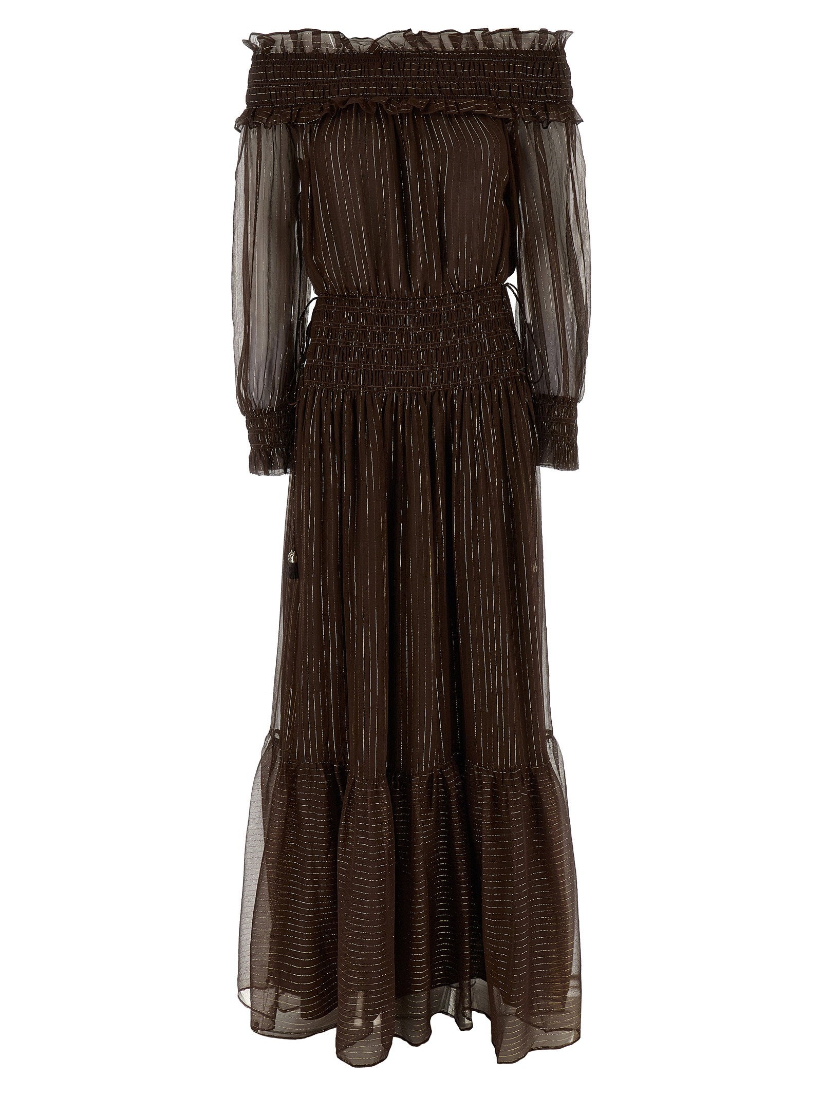 Brown Georgette Off Shoulder Maxi Dress