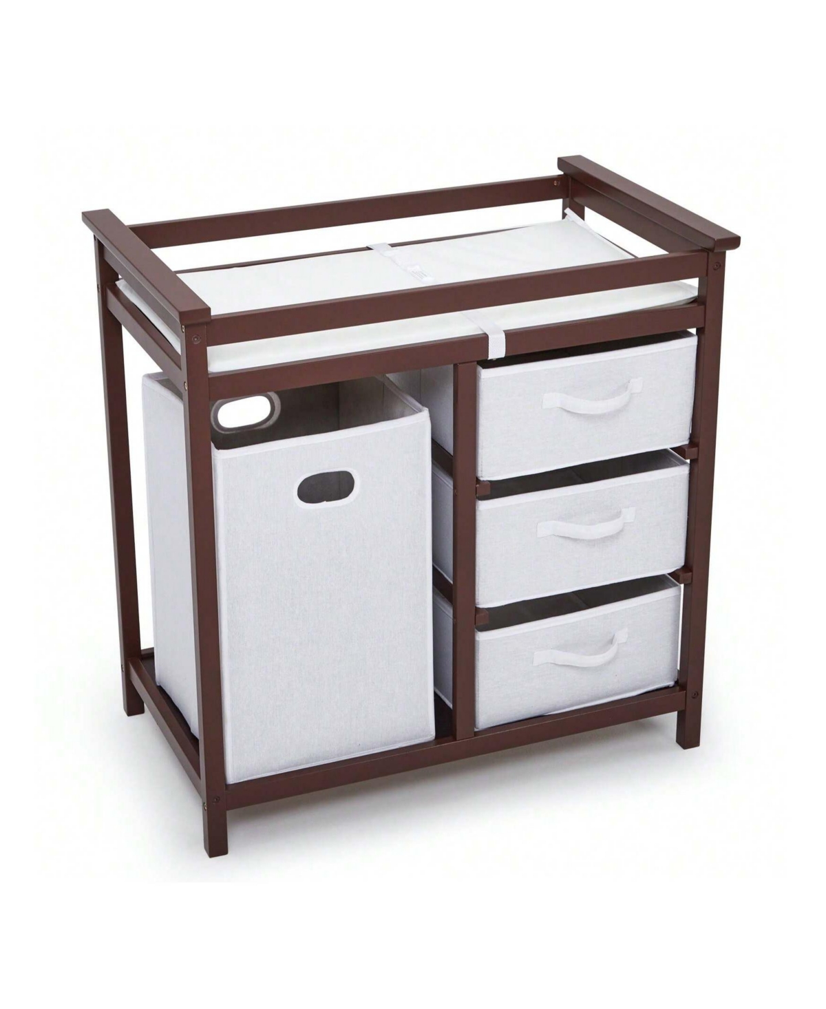 Wooden Baby Changing Table, Diaper Changing Table, Infant Diaper Changing Station Dresser With Laundry Hamper, 3 Drawer Basket And Changing Pad