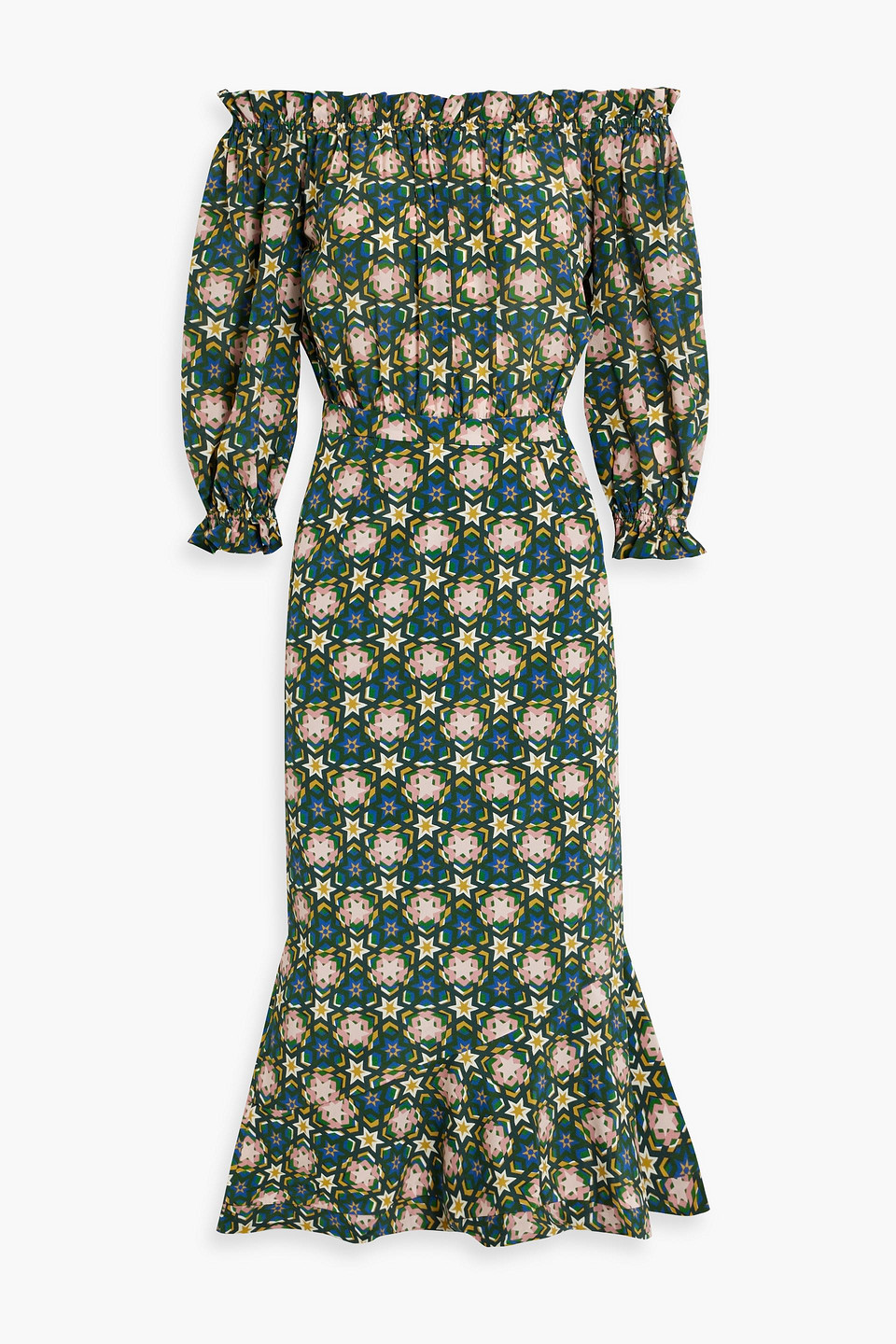 Grace off-the-shoulder ruffled silk crepe de chine midi dress
