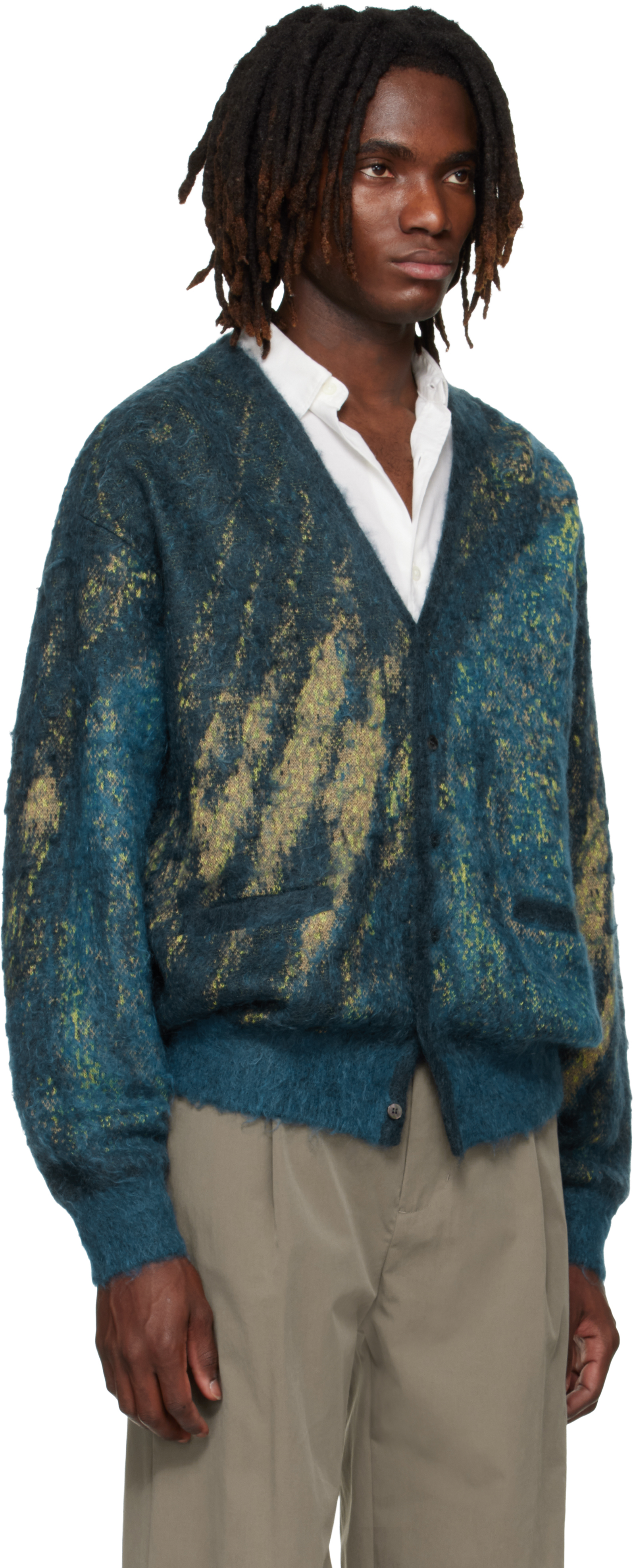 Blue & Green Abstract Jacquard Mohair Cardigan