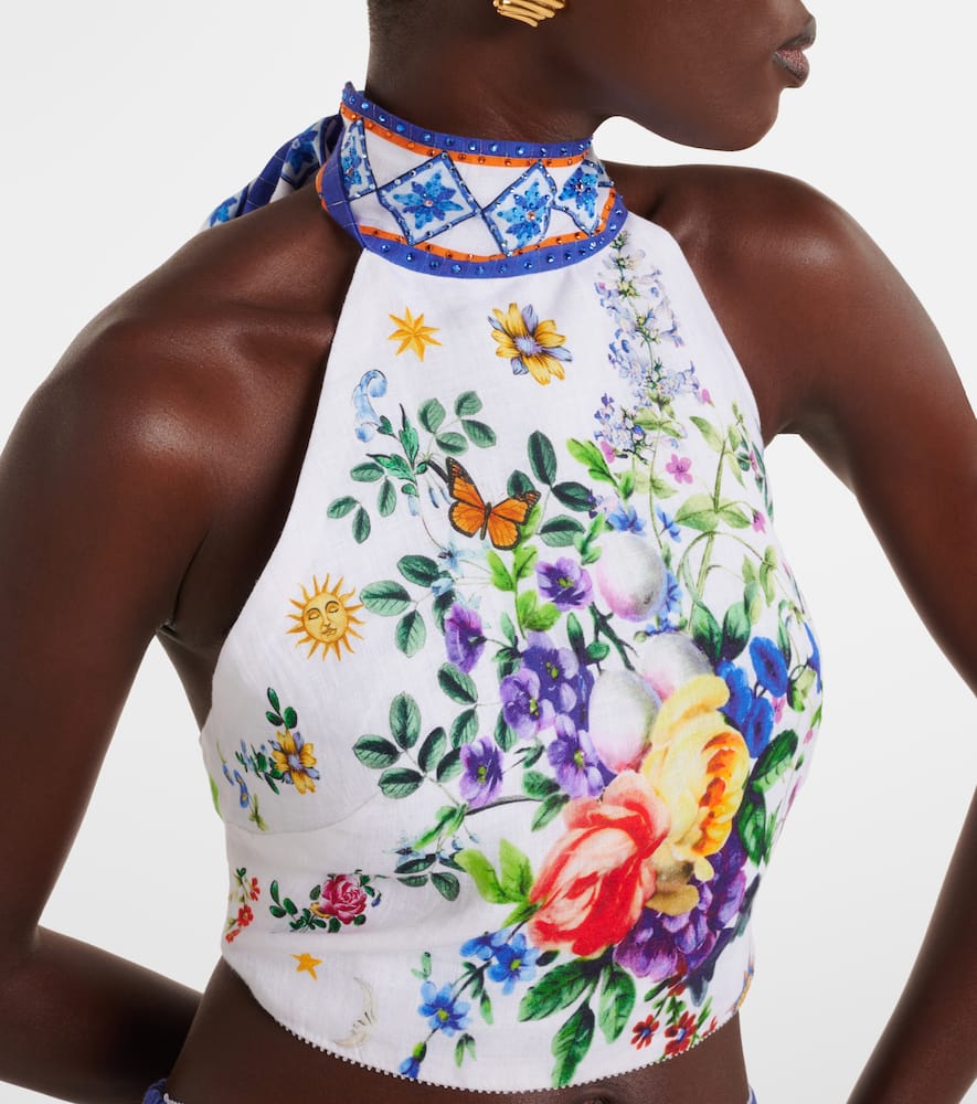 Embellished halterneck linen top