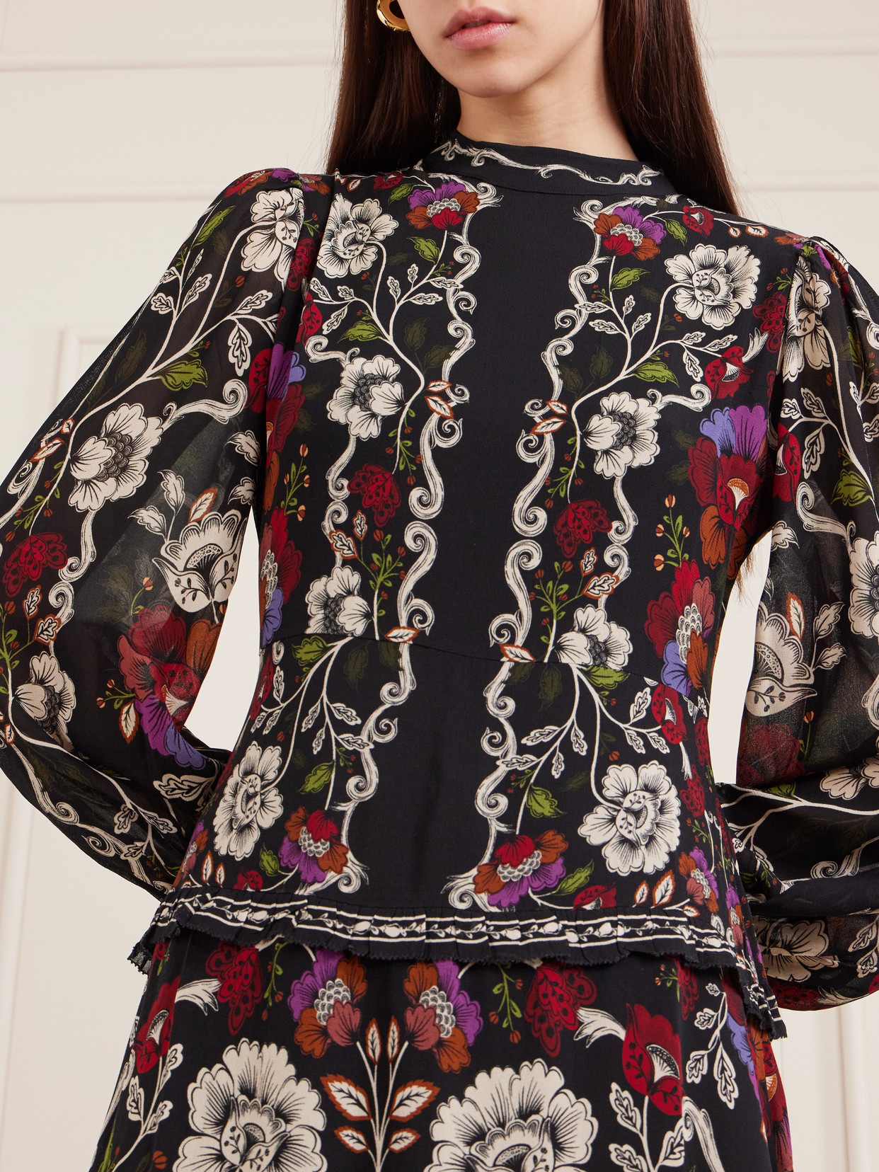 Floral-print Chiffon Maxi Dress - Black