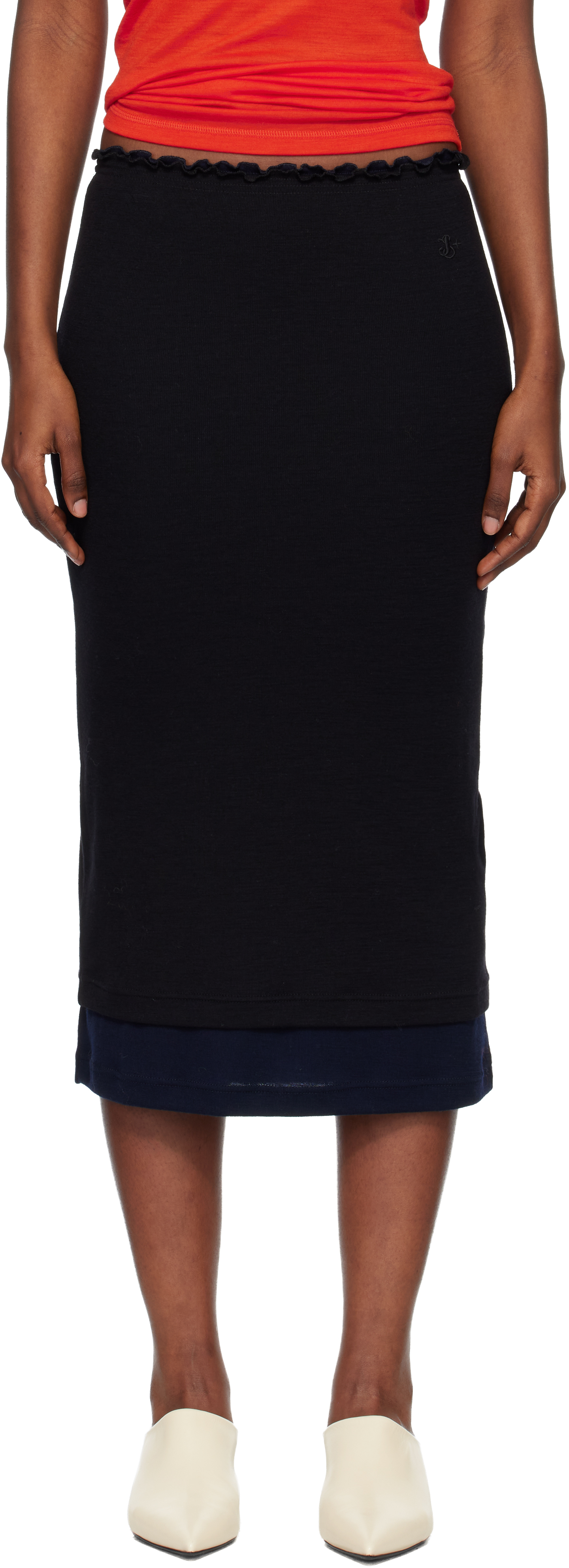 Black Lightweight Wool Layered Midi Skirts Set