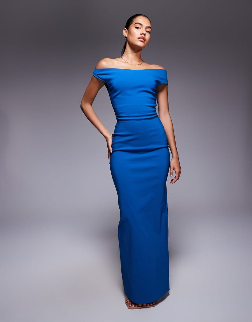 Bengaline off shoulder maxi dress in blue
