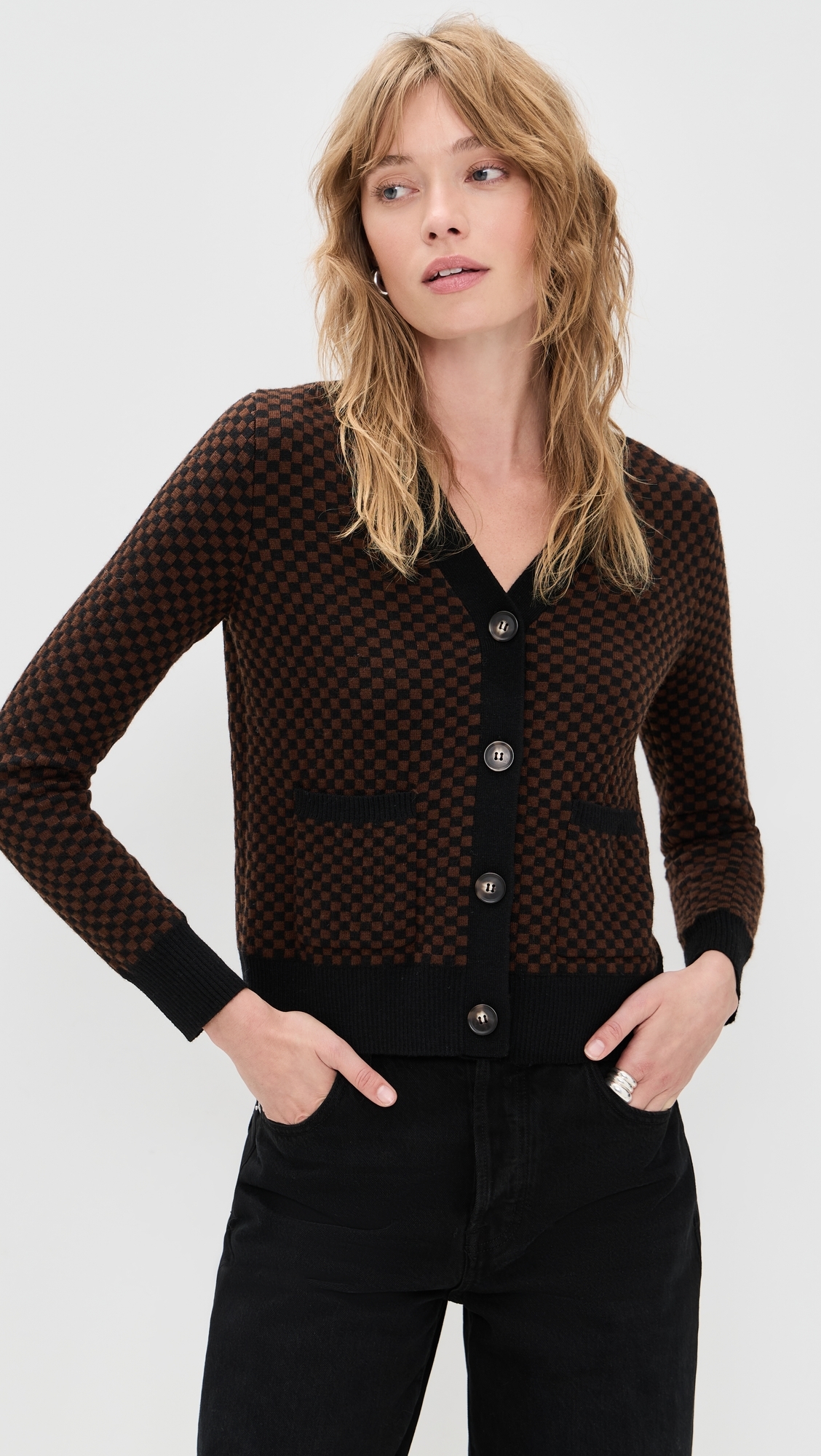 Annie Checkerboard Cardigan Oatmeal/Khaki