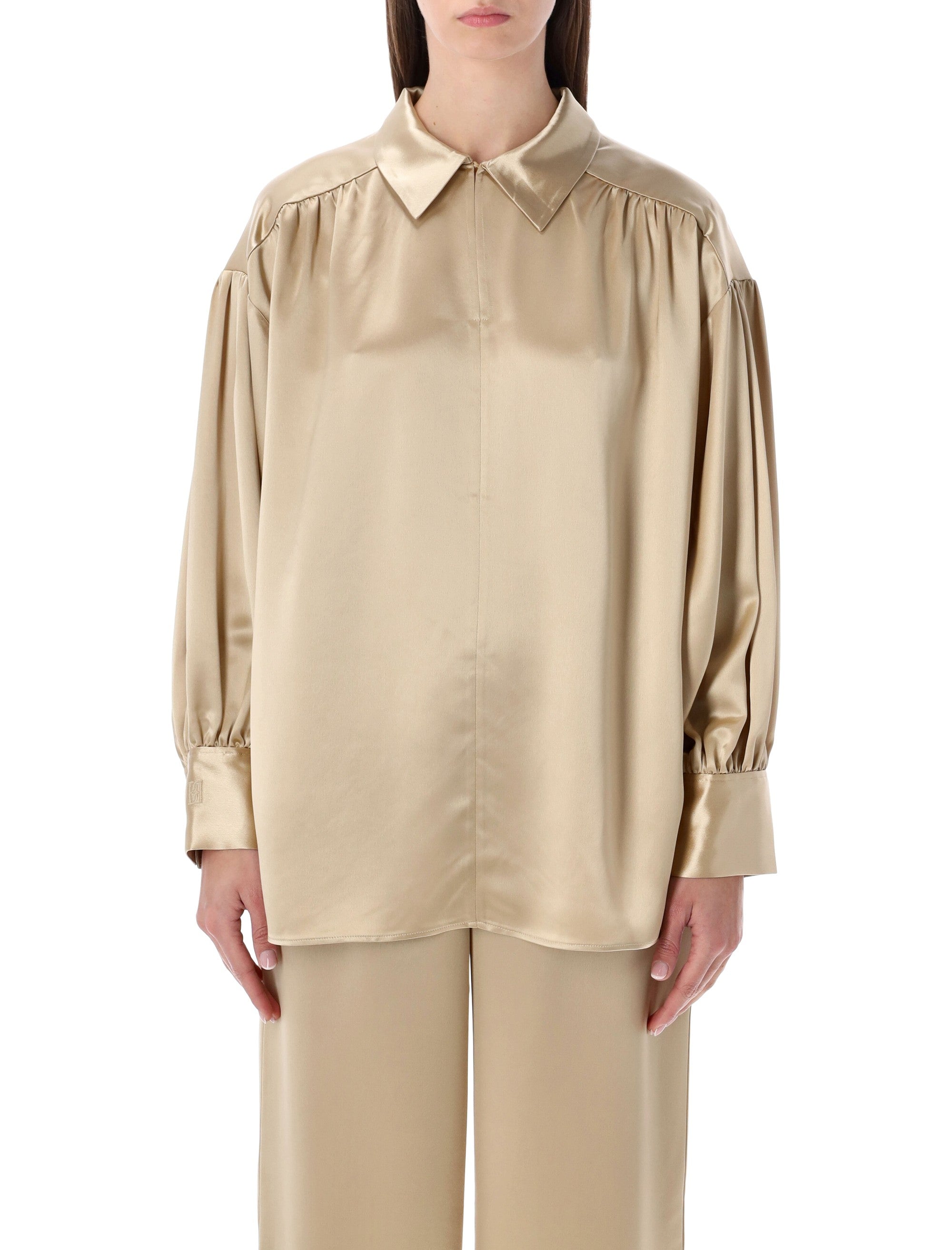 Oversized Satin Blouse with V-Neck and Buttoned Cuffs