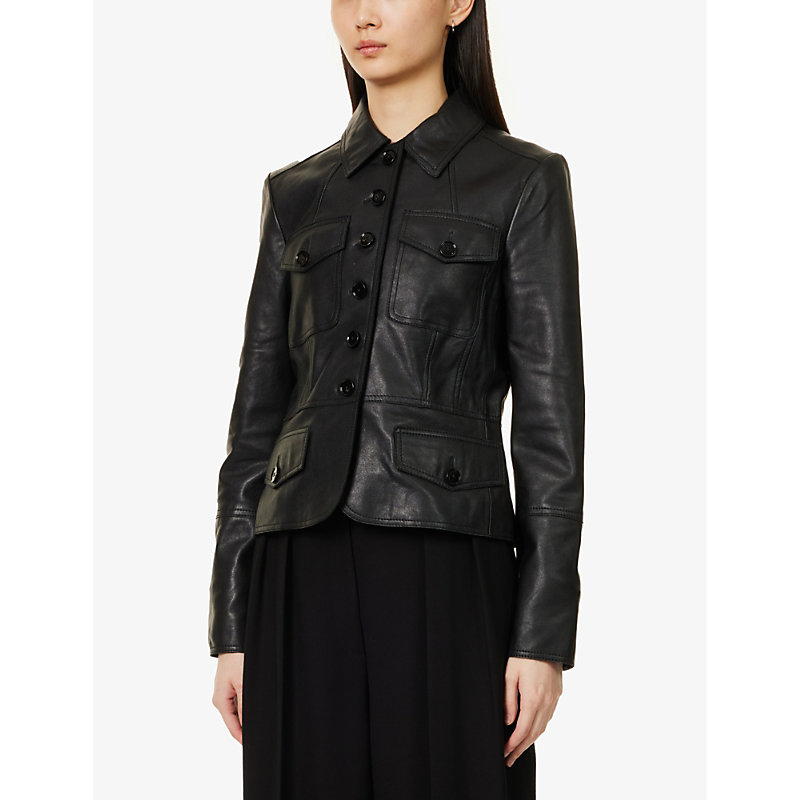 Womens Black Flap-pocket Regular-fit Leather Jacket