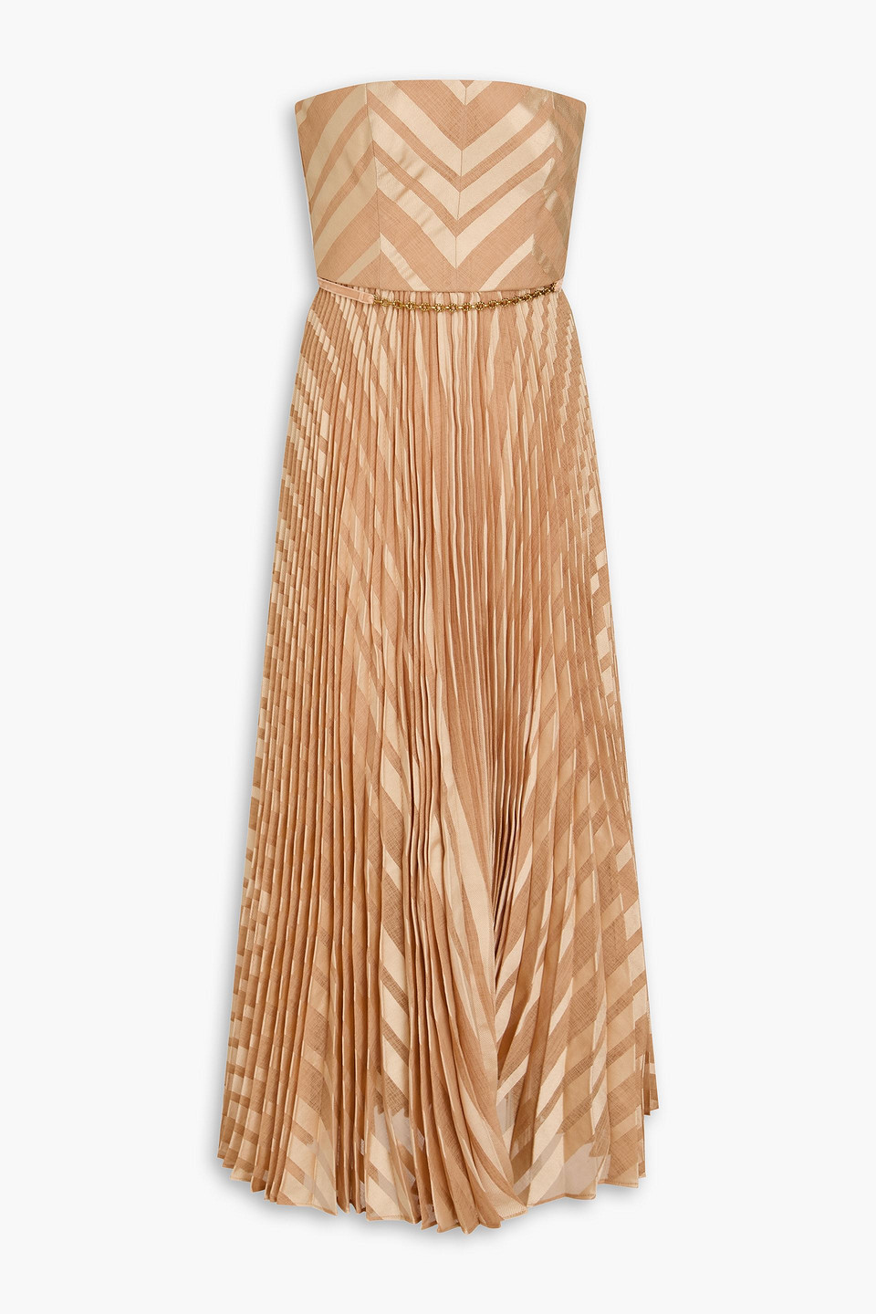 Strapless pleated devoré-twill midi dress
