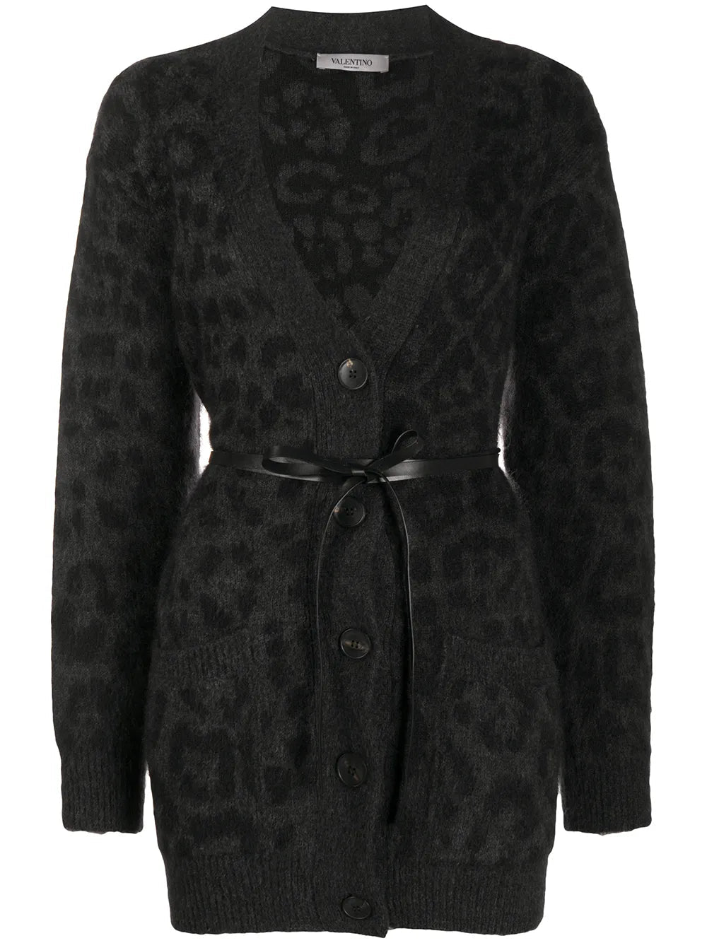 Leopard-Pattern Belted Cardigan — Gray