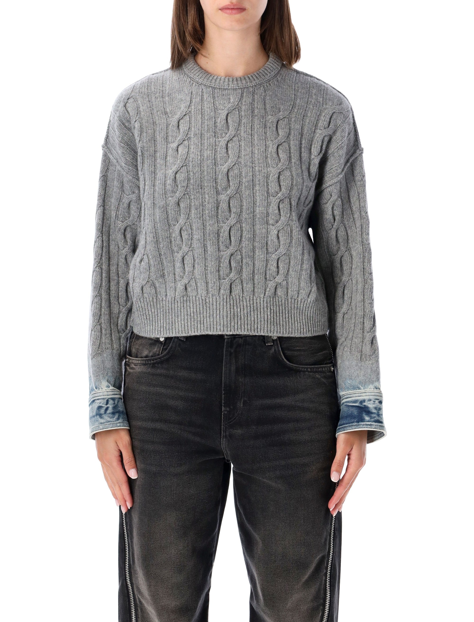 Karine Cable-Knit Wool Sweater with Denim-Style Cuffs