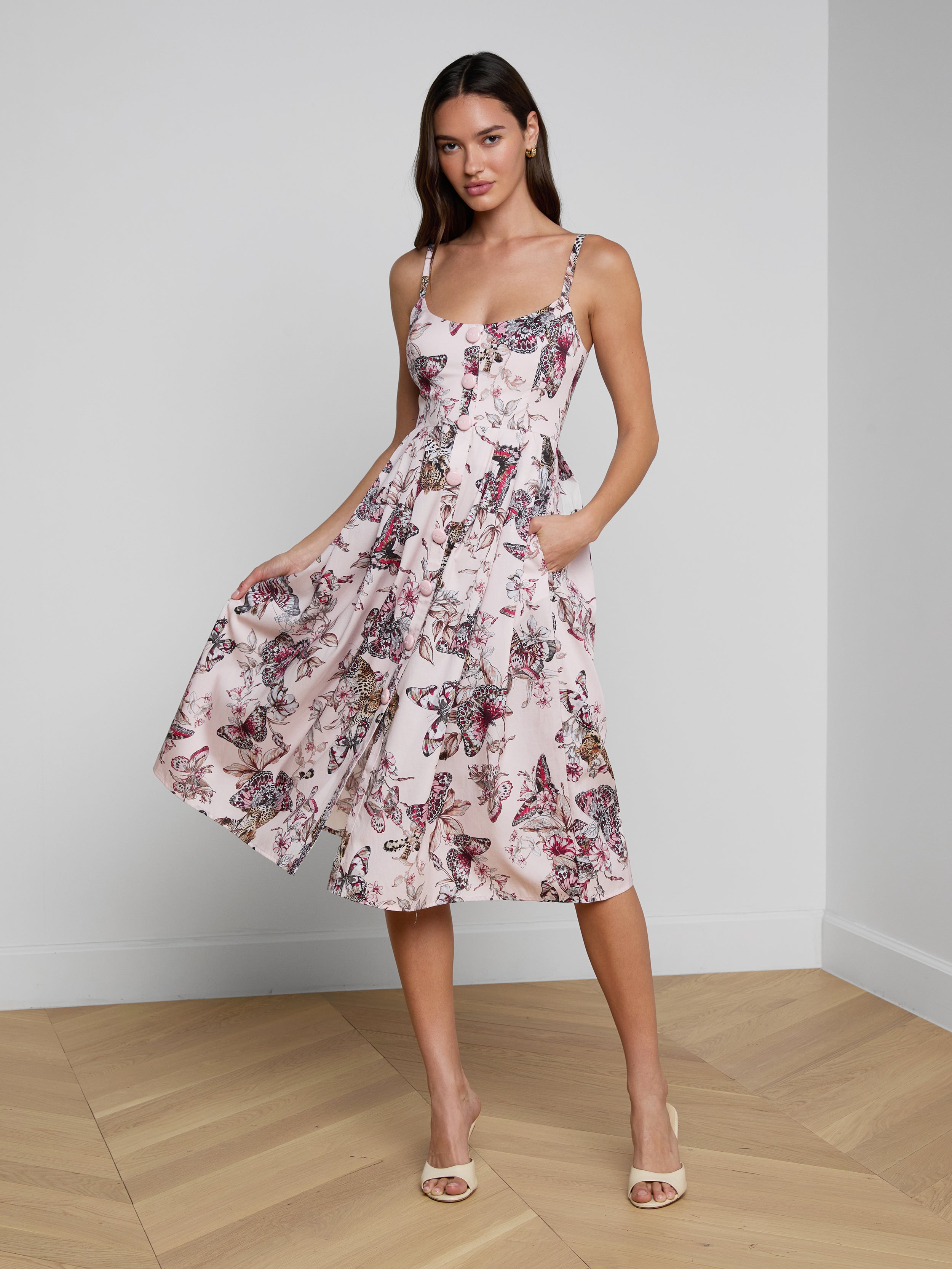 Reanne Midi Dress In Light Nectar Pink Multi Large Butterfly Jungle