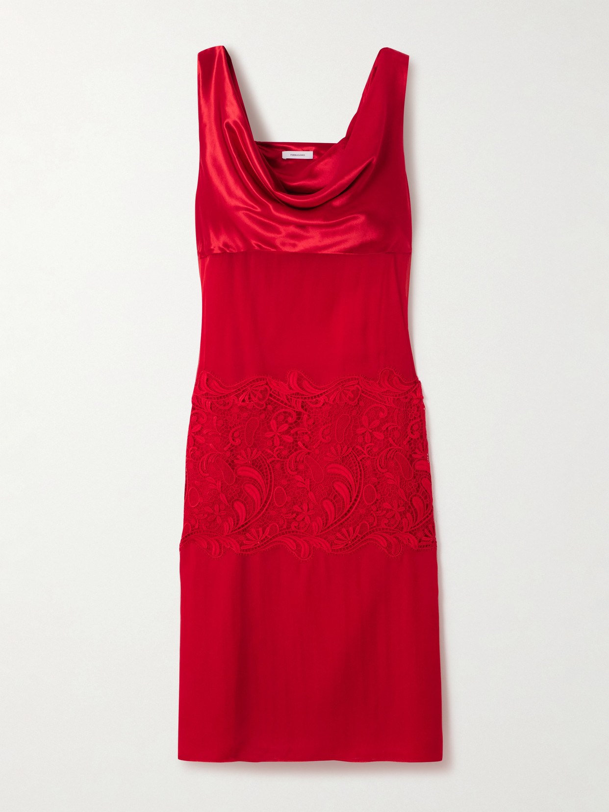 Draped Satin- And Lace-paneled Silk-chiffon Midi Dress - Red