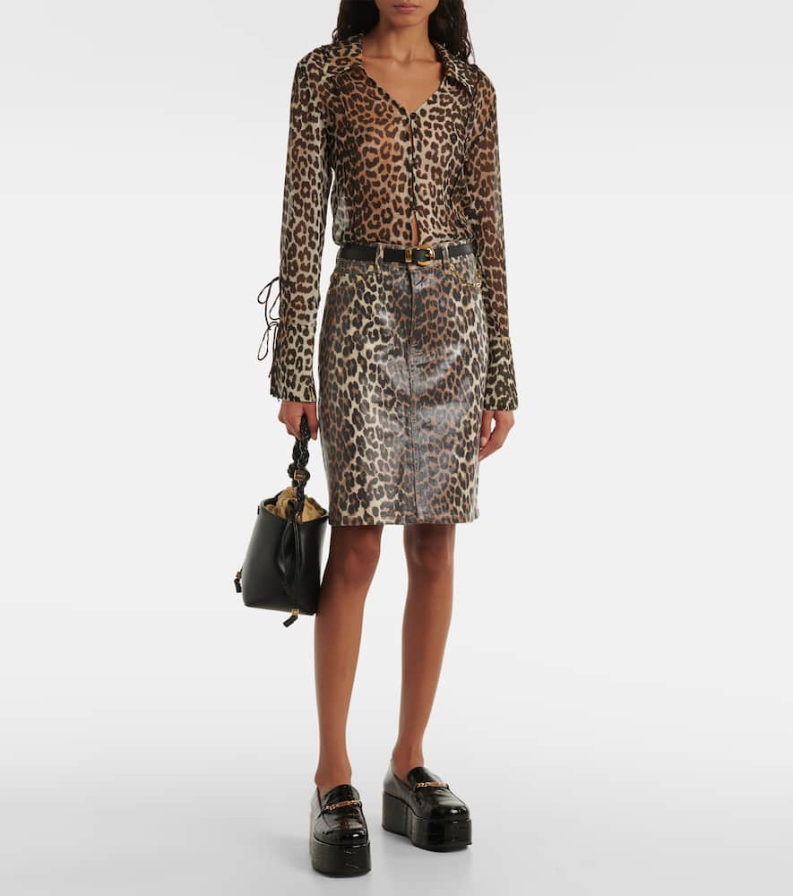 Leopard-print denim skirt