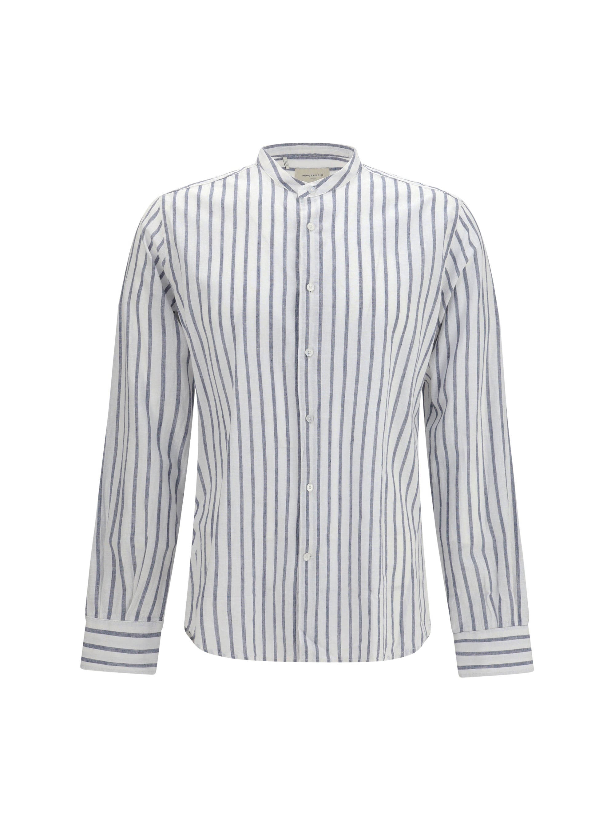 Striped Cotton-Linen Spread Collar Shirt — Blue
