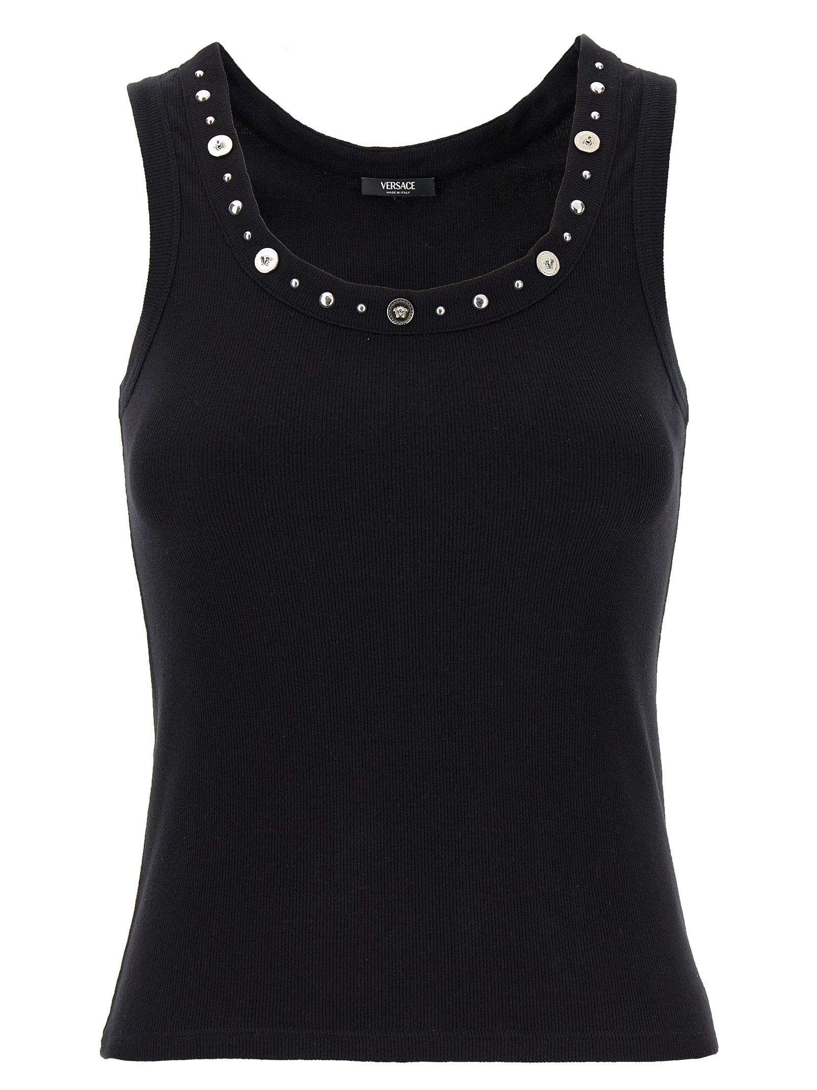 Medusa-Studded Ribbed Cotton Tank Top — Black