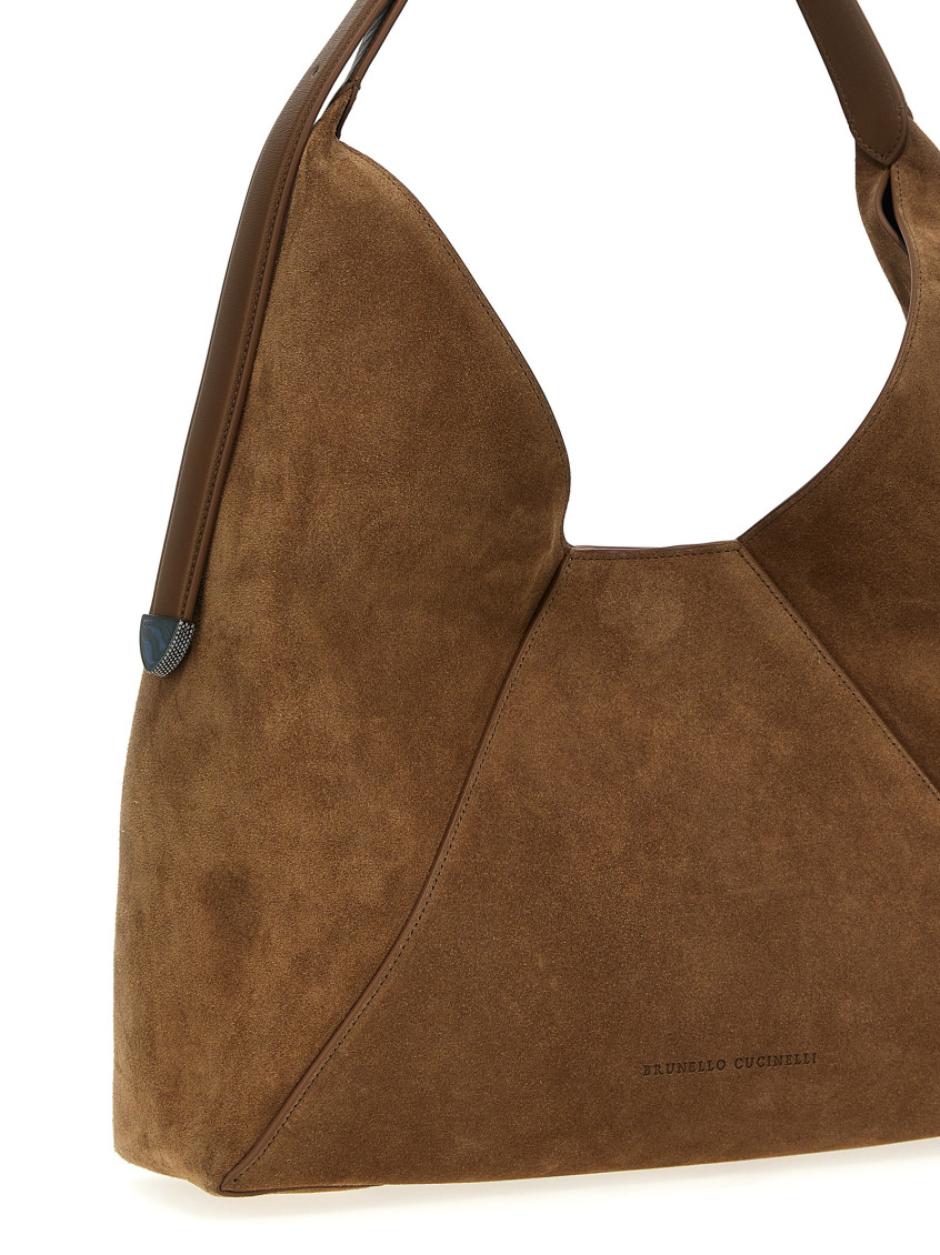 Suede shoulder bag with engraved logo