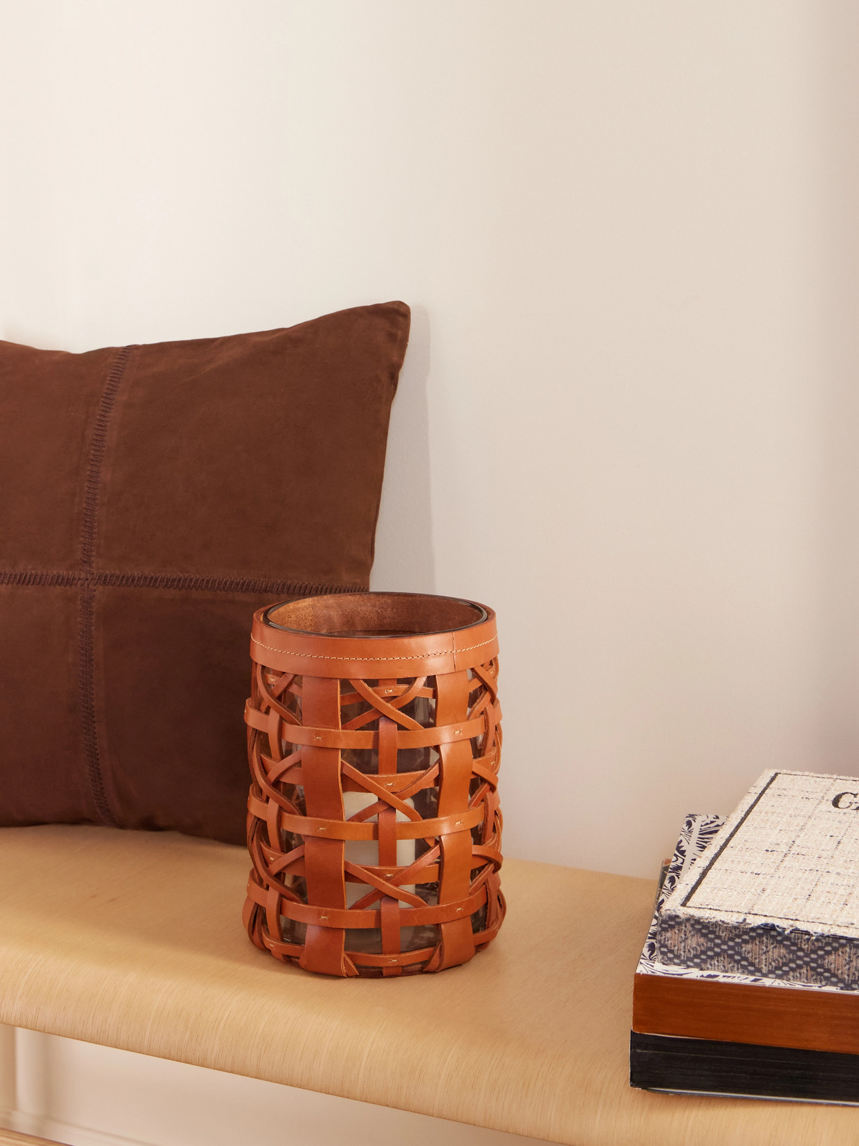 Preston Mini Woven Leather And Glass Hurricane Candle Holder - Brown