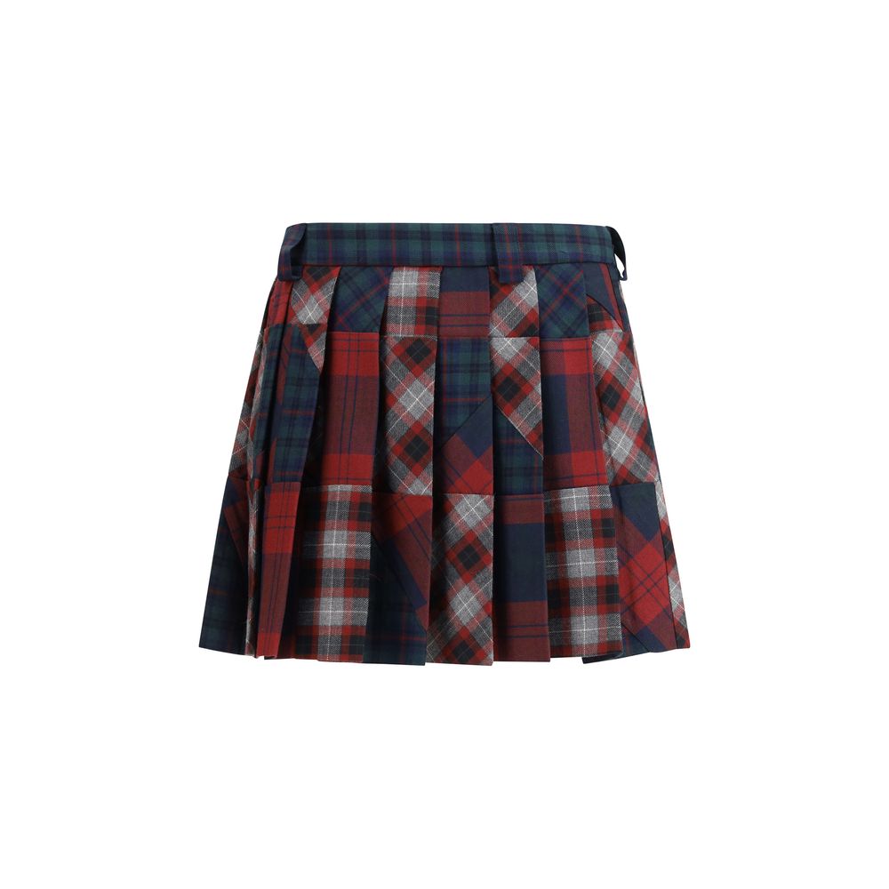 Pleated Tartan Patchwork Skirt — Multicolor