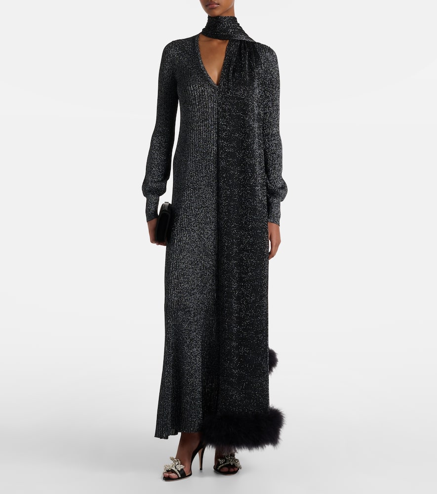 Feather-trimmed lamé maxi dress