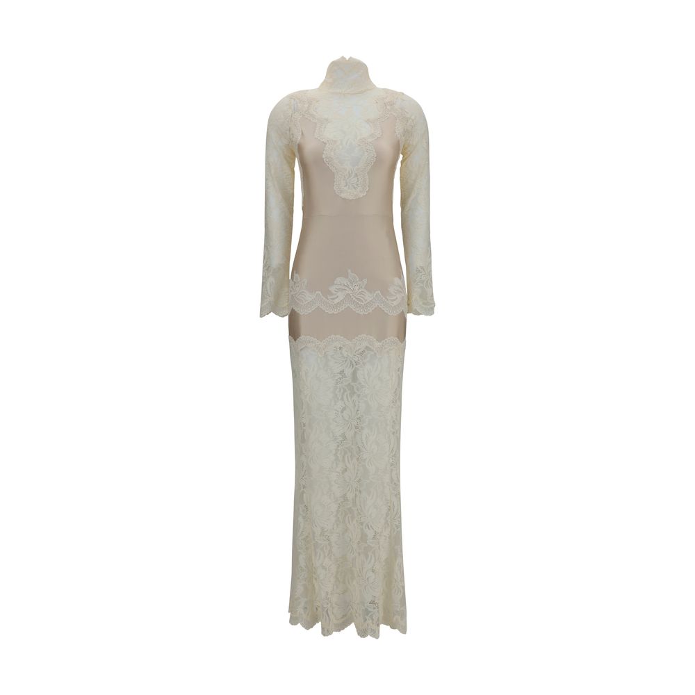 Lace and Jersey Dress — Beige