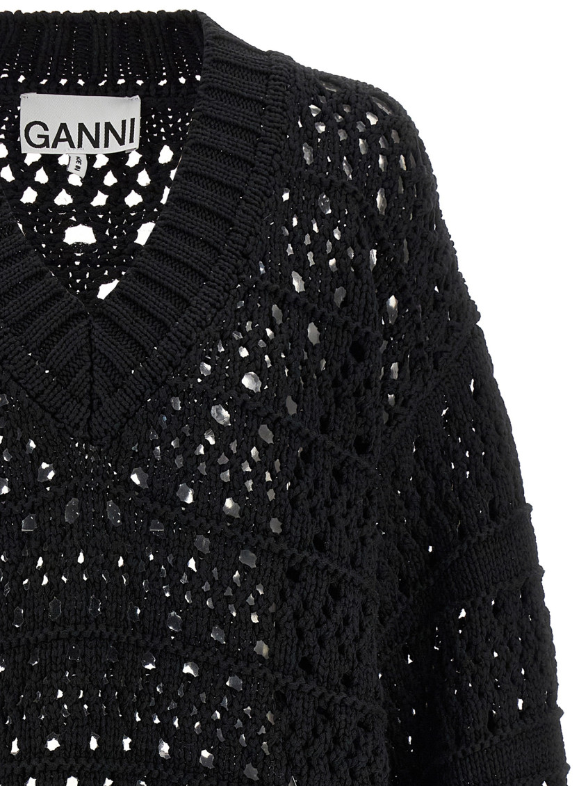 Ganni - Black Crochet V-Neck Sweaters And Cardigans Black