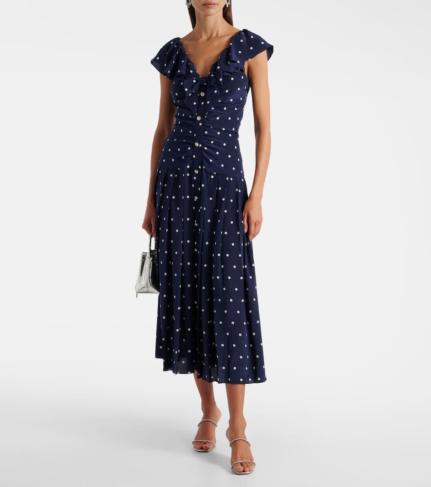 Polka-dot ruffled silk midi dress