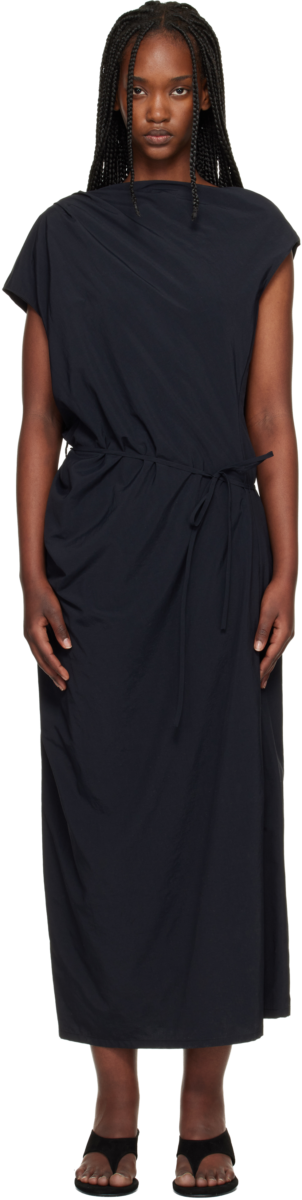 Black Asymmetrical Draped Midi Dress