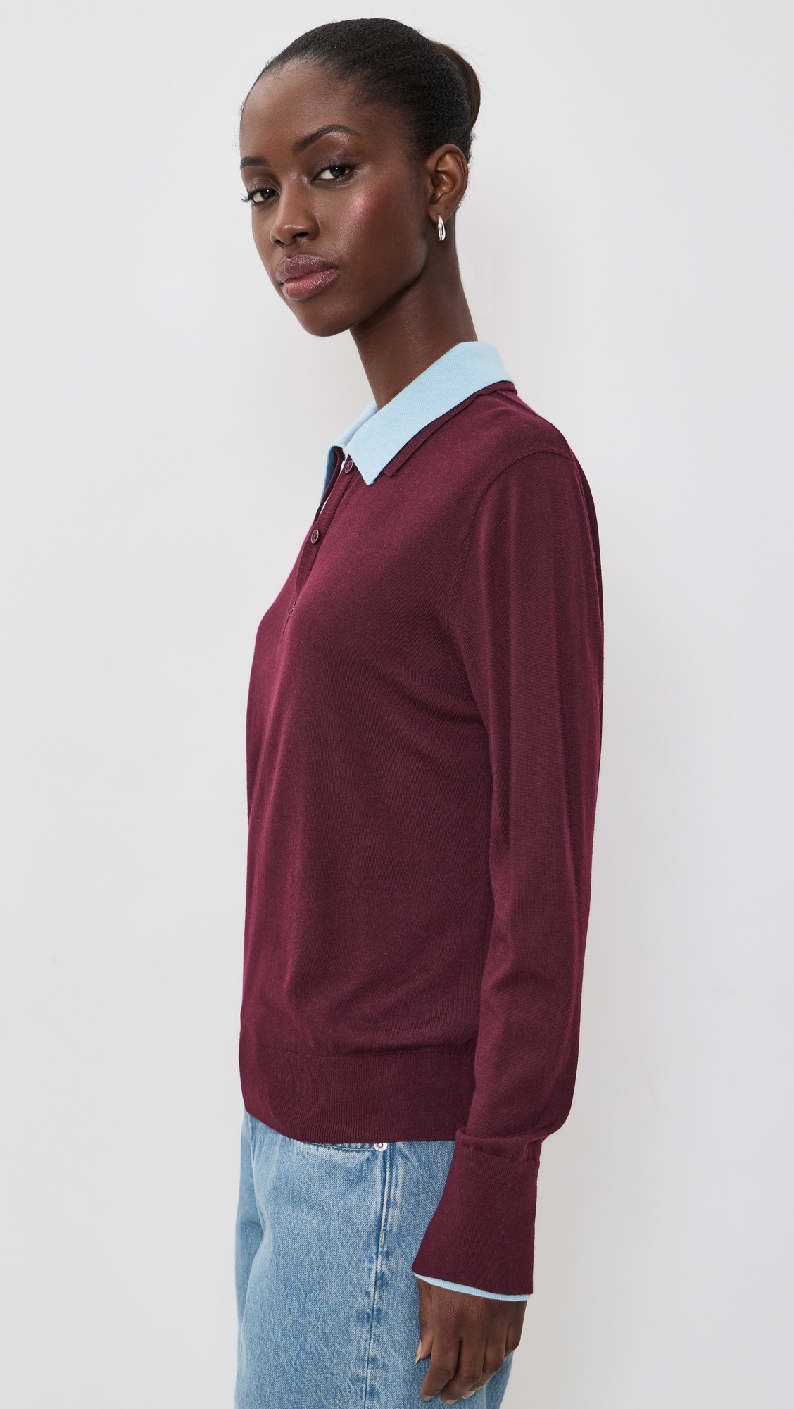 Superfine Merino Wool Layered Polo Black Cherry/Light Blue Trim
