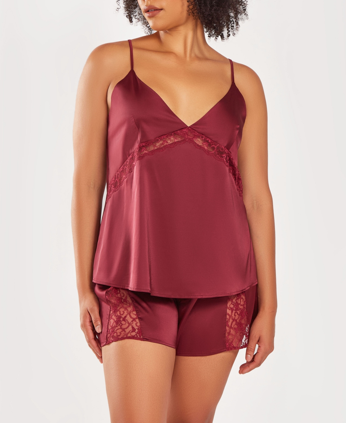 Plus Size Silky 2 Piece Camisole and Shorts Pajama Set in Lace Trims - Wine