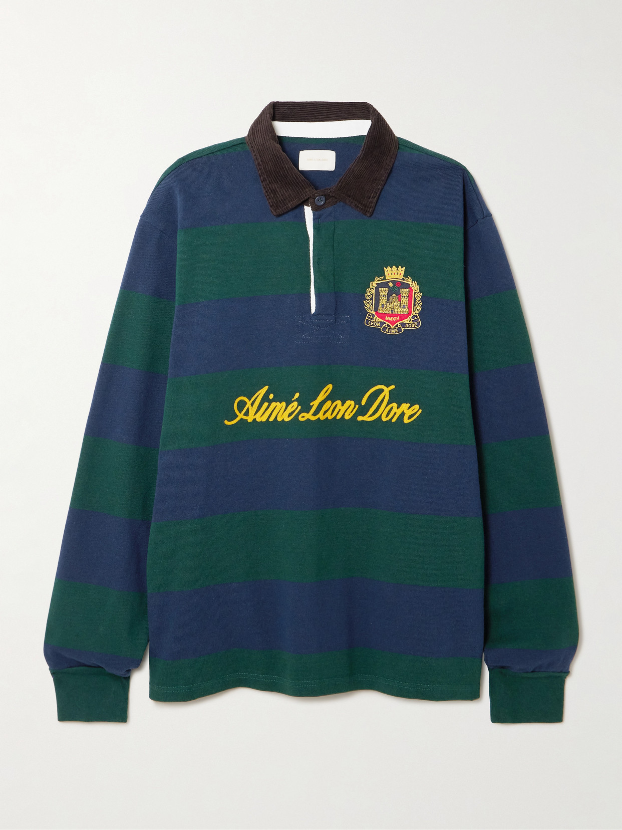 Script Embroidered Printed Striped Corduroy-trimmed Cotton Rugby Shirt - Green