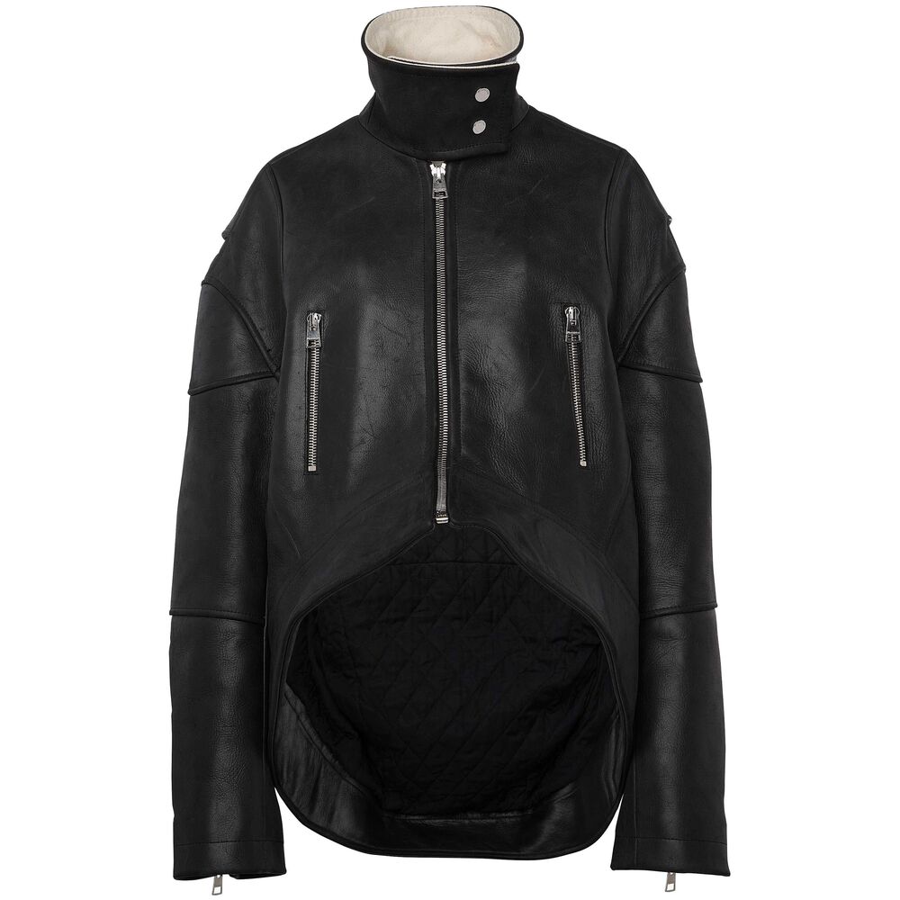 High-neck curved leather jacket - Black