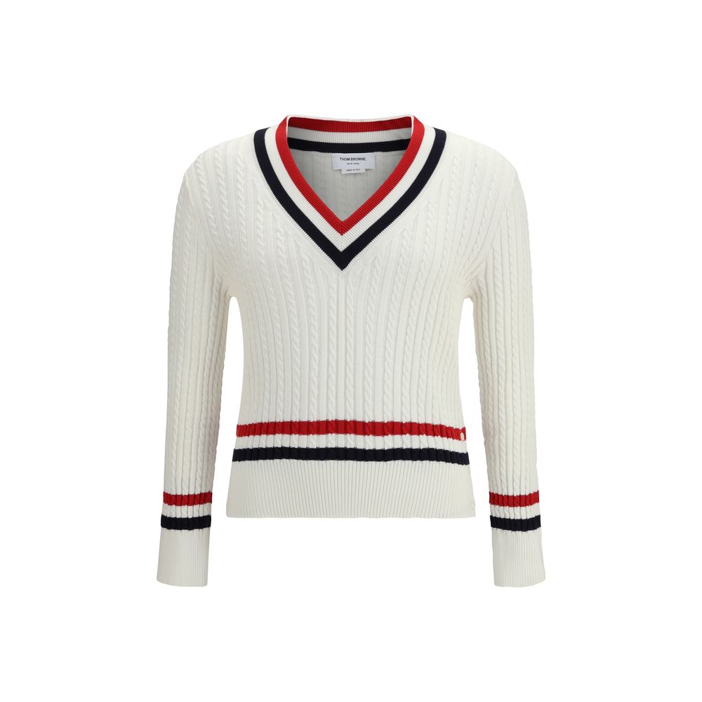 Cable-Knit V-Neck Sweater — White