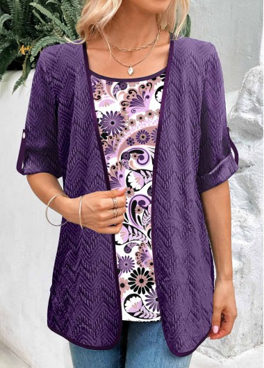 Modlily Dark Purple Fake 2in1 Paisley Print Blouse