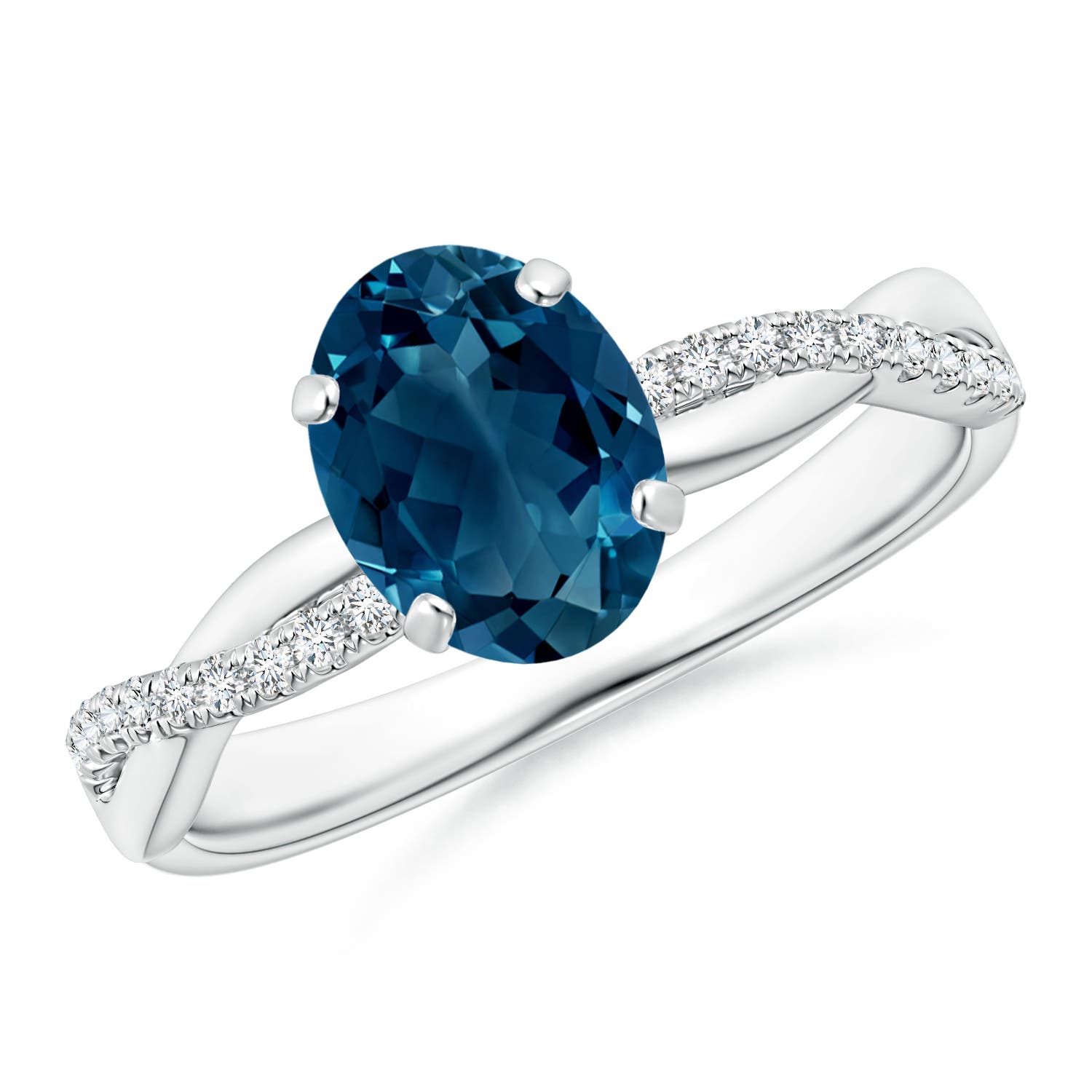 Angara 1.5 Carats Oval London Blue Topaz Twist Shank Ring with Diamonds in Silver
